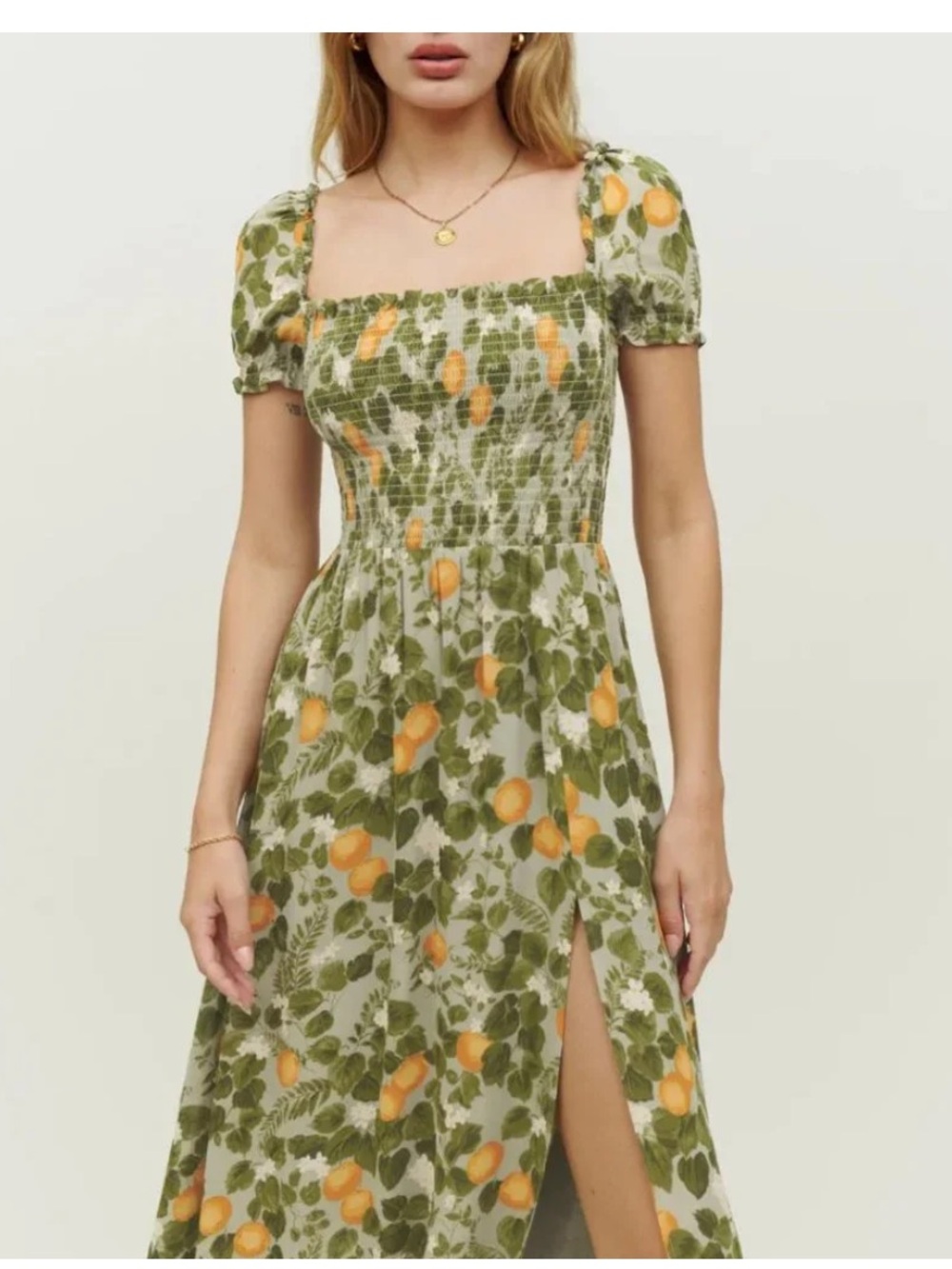 Reformation Olive Green Lemon Floral Smocked Midi Dress